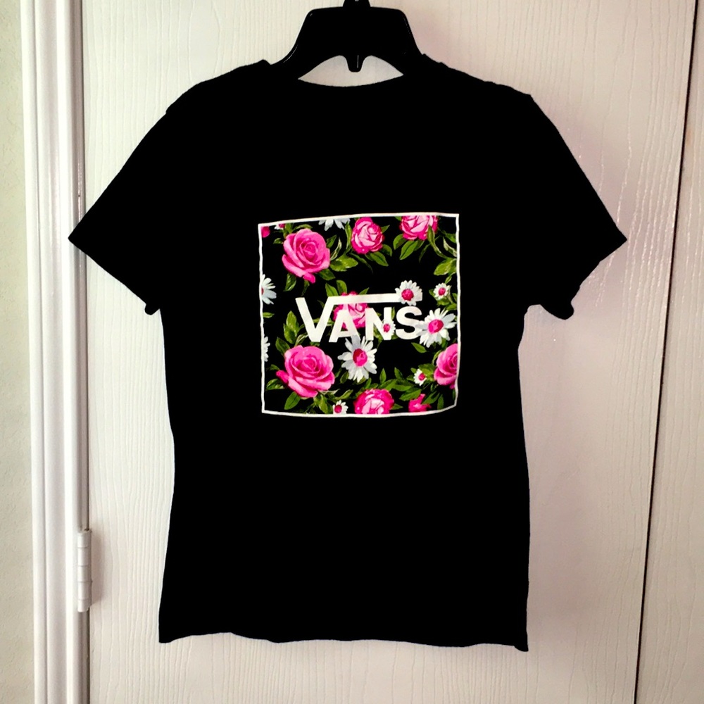 Black and White Vans Pink Flower Graphic Tee Kids Medium